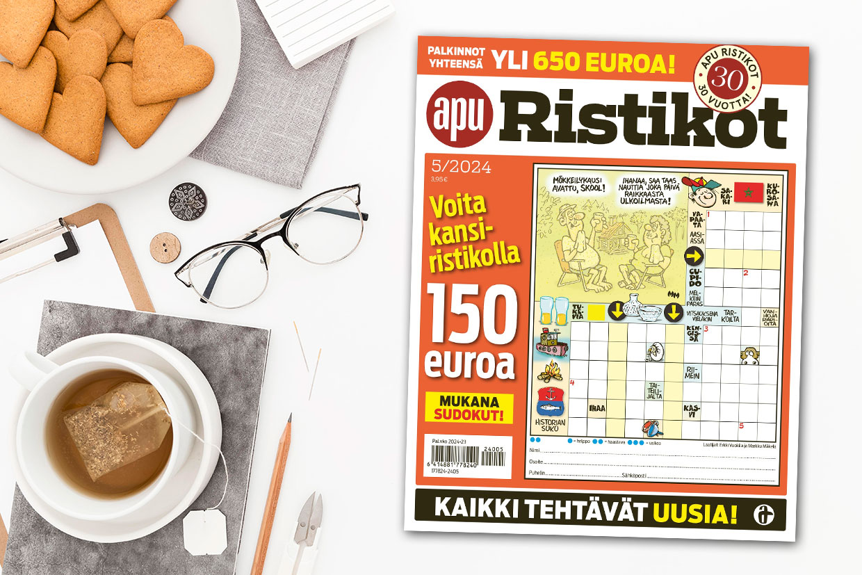 Kaikki Apu Ristikot -lehden tehtävät ovat uusia. Tämän numeron palkintotehtävistä jaettiin yli 650 euroa rahaa ratkojille.