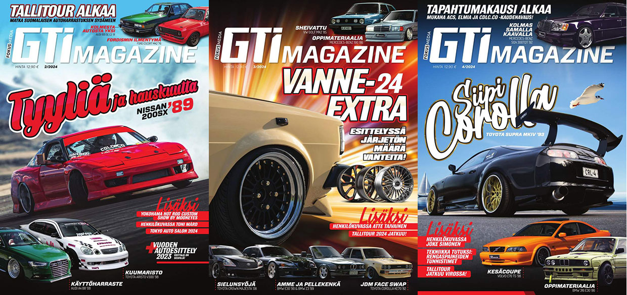 GTi-Magazinen kansia vuodelta 2024. Lehdissä käsitelty mm. vanteita, Nissan 200SX:ää ja "siipi-Corollaa".