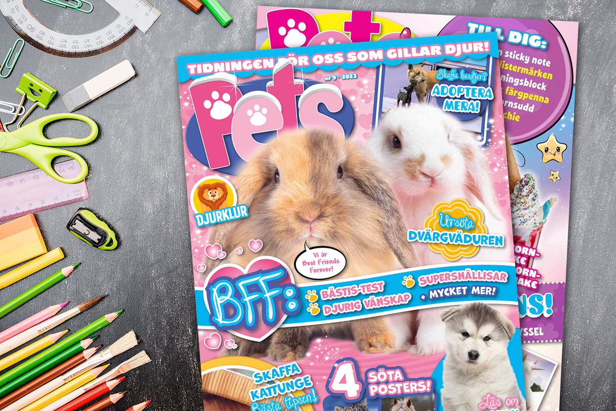 Pets Ruotsi on informatiivinen ja viihdyttävä lemmikkilehti 9–14-vuotiaille tytöille ja pojille.